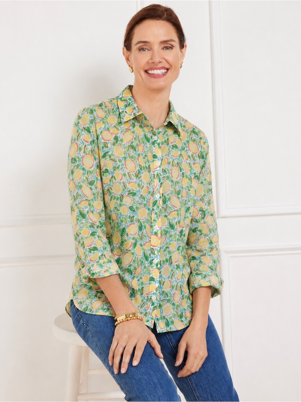 TALBOTS M Cotton Button Front Shirt • Lemon Citrus Print Lightweight Summer